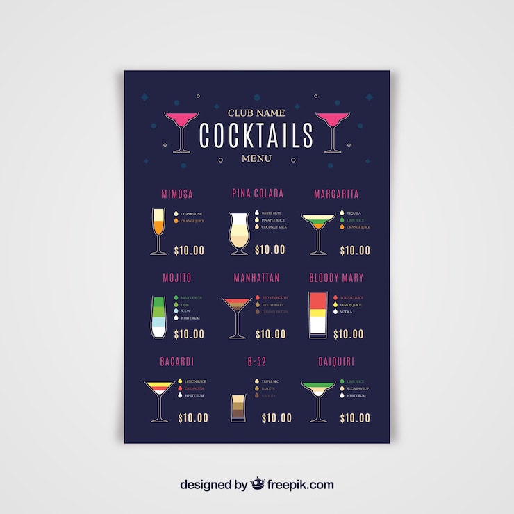 Vettore gratuito menu del cocktail bar in stile piatto