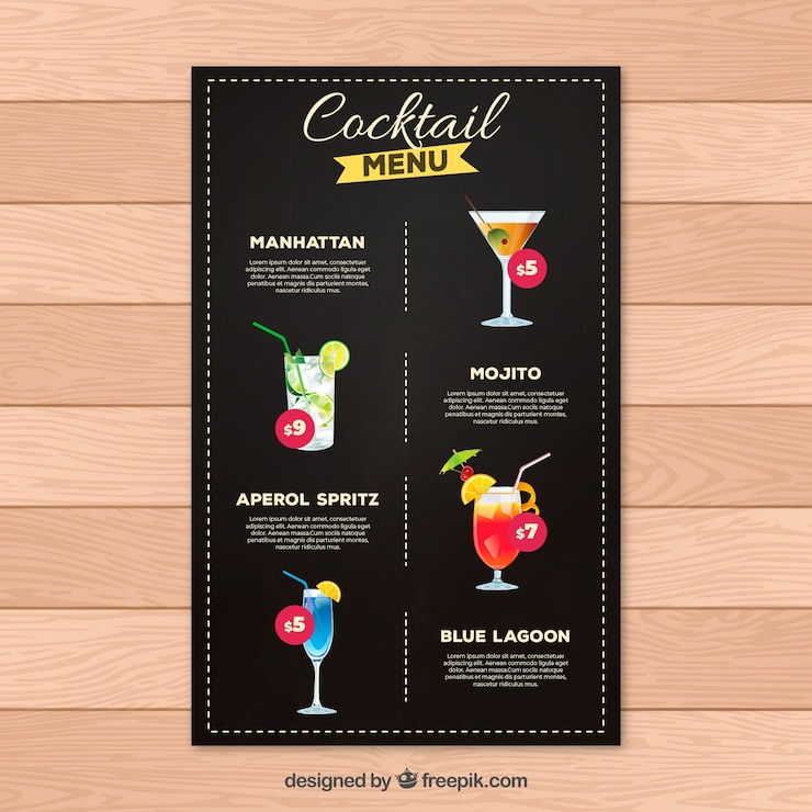 Vettore gratuito menu del cocktail bar in stile piatto