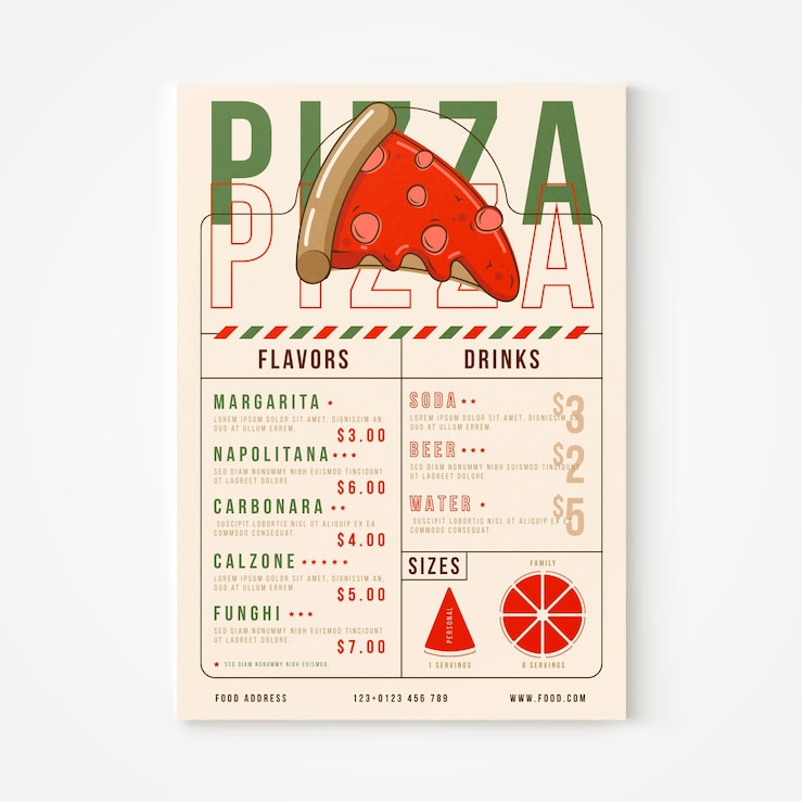 Vettore gratuito menu del ristorante pizzeria rustico piatto