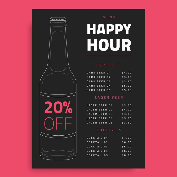 Vettore gratuito menu dell'happy hour con birra scura disegnato a mano