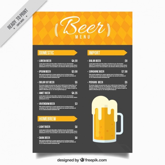 Vettore gratuito menu di birra in tonalità gialle e nere