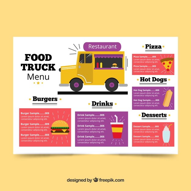 Menu di camion di alimento con varietà di alimenti