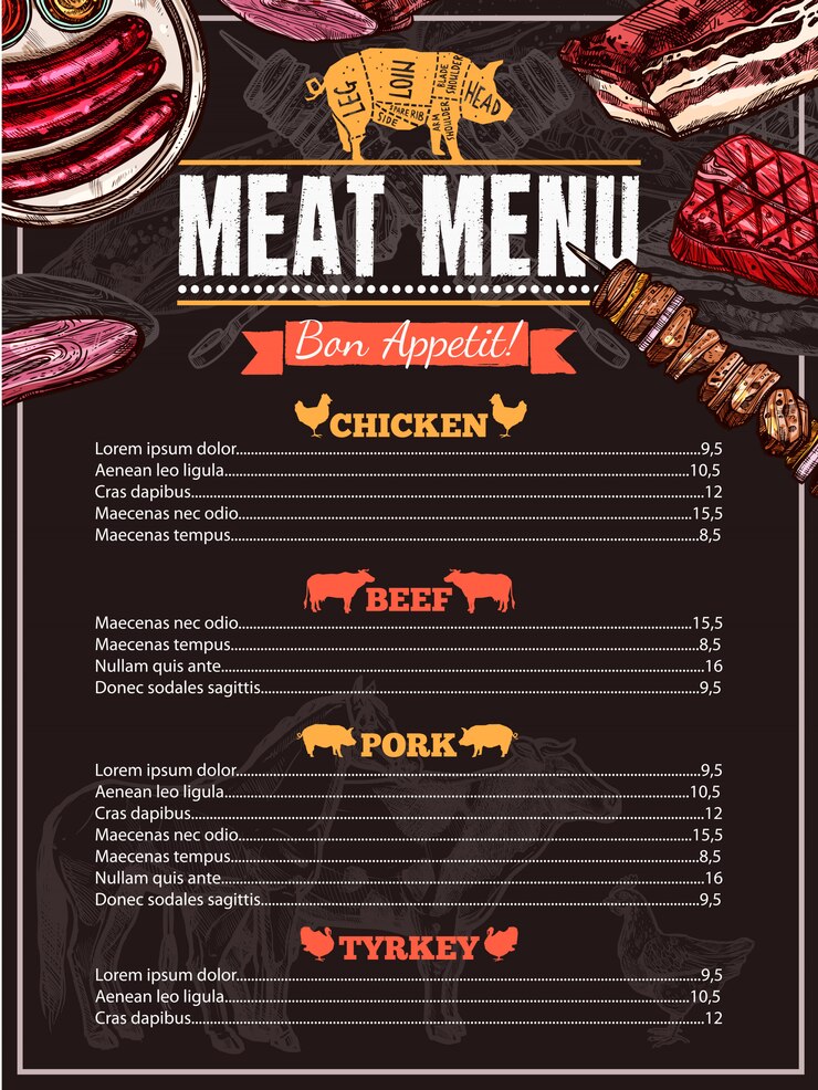 Vettore gratuito menu di carne disegnata a mano