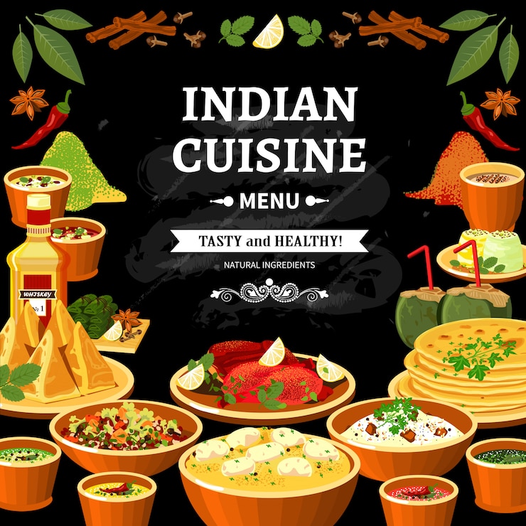 Vettore gratuito menu di cucina indiana poster lavagna nera