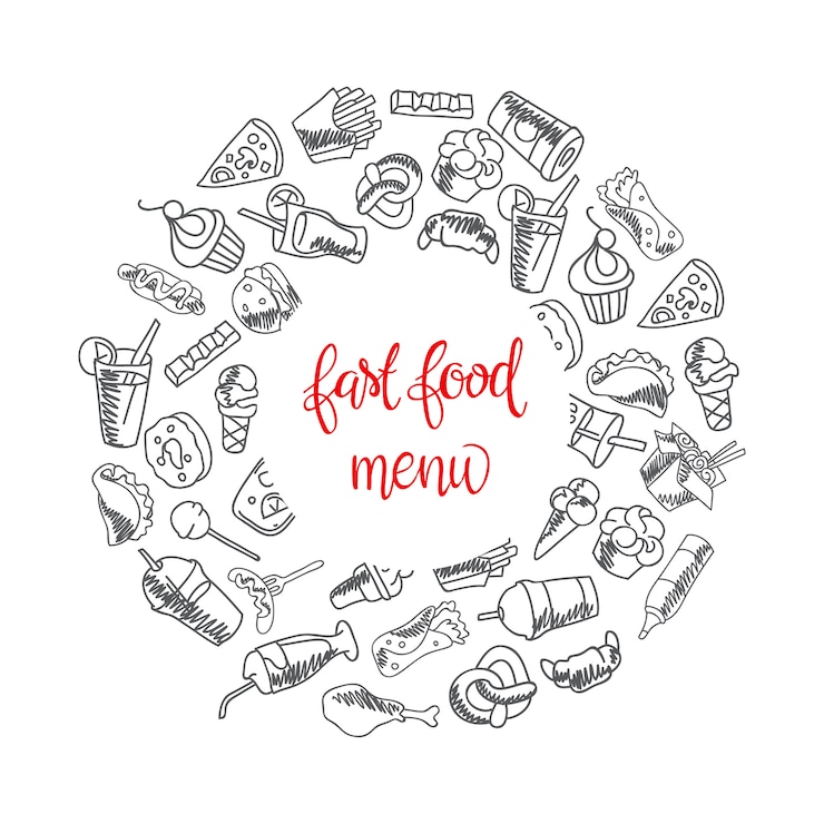 Vettore gratuito menu fast food set di icone sullo sfondo. patatine fritte, hamburger, patate dolci fritte