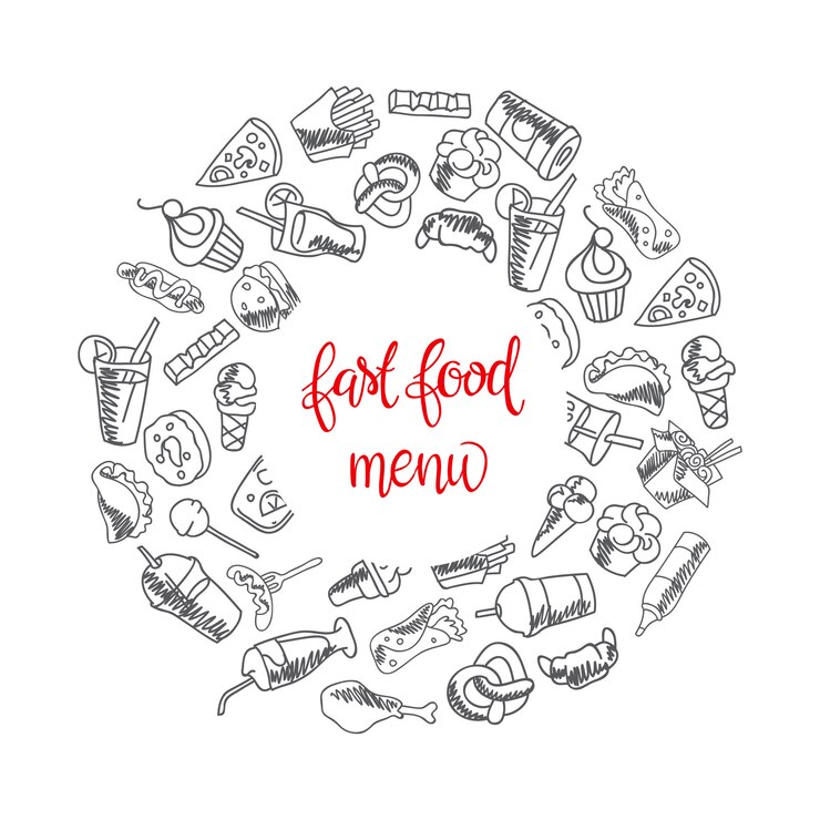 Vettore gratuito menu fast food set di icone sullo sfondo. patatine fritte, hamburger, patate dolci fritte