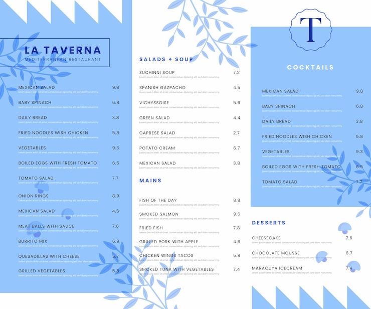 Vettore gratuito menu ristorante digitale in formato orizzontale