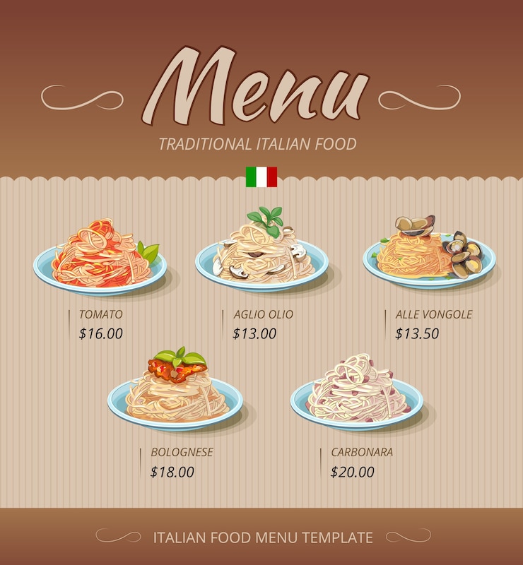 Vettore gratuito menu ristorante pasta con piatti e prezzi
