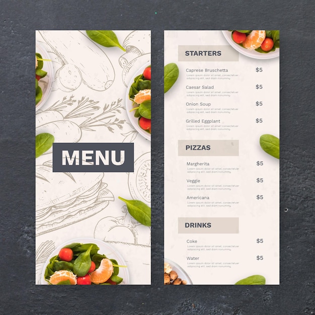 Menu ristorante rustico disegnato a mano con foto