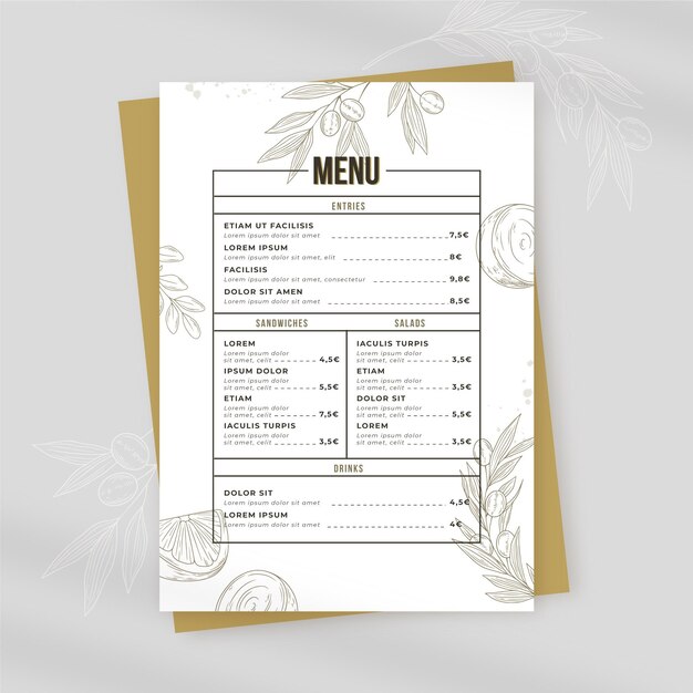 Menu ristorante rustico disegnato a mano di incisione