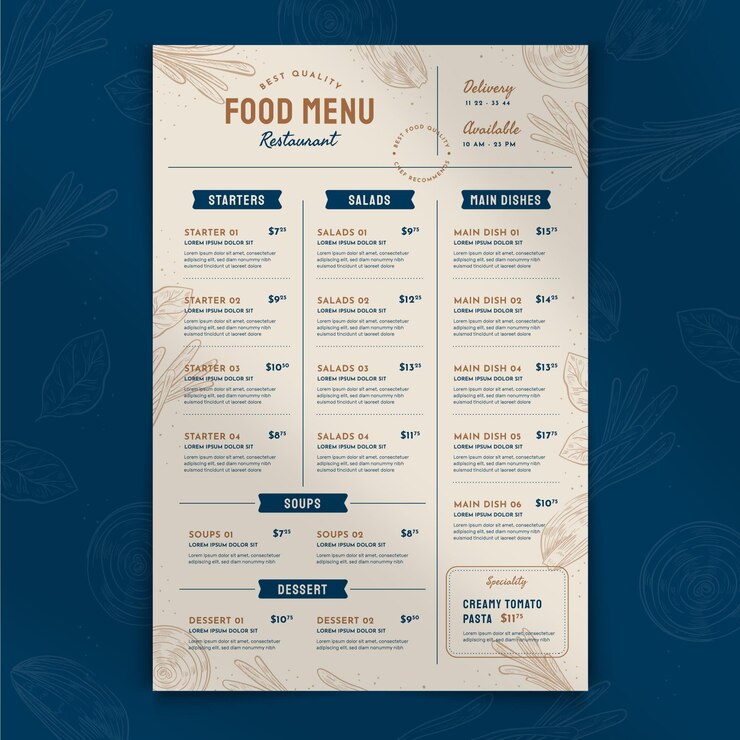 Vettore gratuito menu ristorante rustico disegnato a mano di incisione