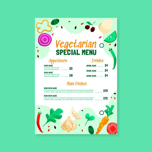 Menu speciale vegetariano disegnato a mano