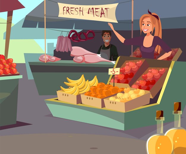 Mercato degli agricoltori Fare la spesa all'aperto nutrizione biologica prodotti naturali frutta fresca verdura e vendita di carne affari