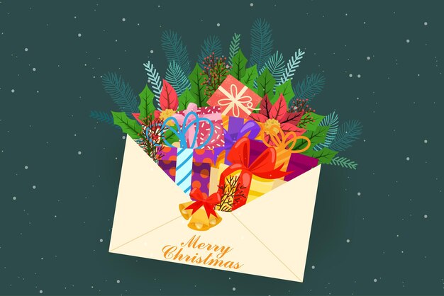 Merry Christmas card con confezione regalo in busta e decorata con bellissime foglie di notte con stella, copia spazio e scritte