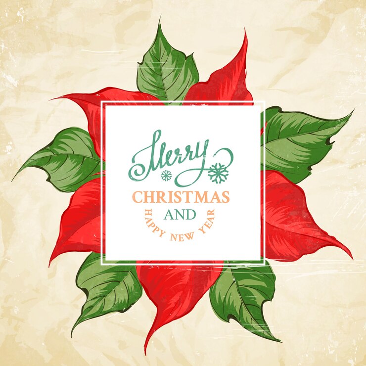 Vettore gratuito merry christmas card con motivo floreale poinsettia