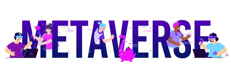 Vettore gratuito metaverse composizione di testo piatto con testo sfumato al neon e caratteri doodle di geek nell'illustrazione vettoriale della realtà virtuale