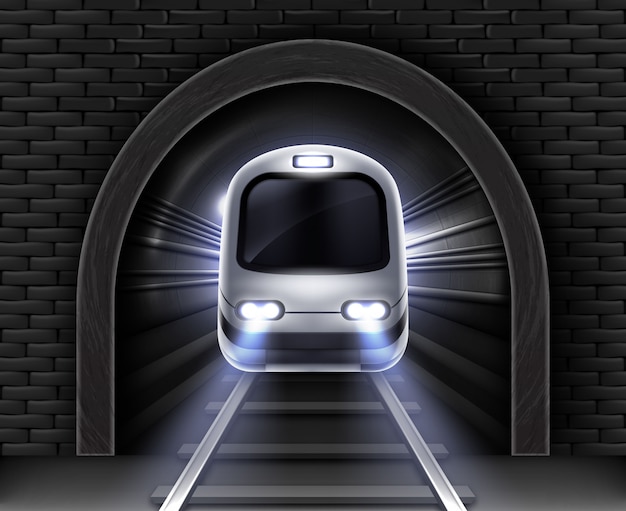 Metropolitana moderna in tunnel. illustrazione realistica del vagone anteriore del treno di velocità passeggeri, arco in pietra nel muro di mattoni e rotaie. Trasporto ferroviario sotterraneo elettrico