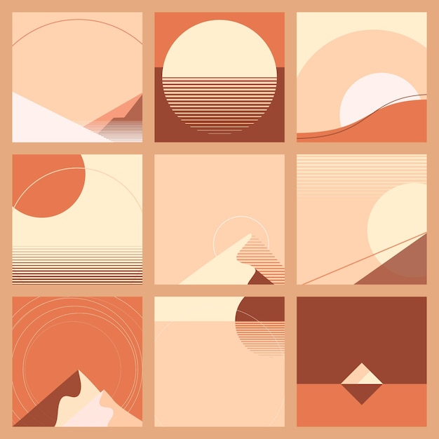 Minimo retrofuturismo arancione e rosso tramonto scenario sfondo stile geometrico set