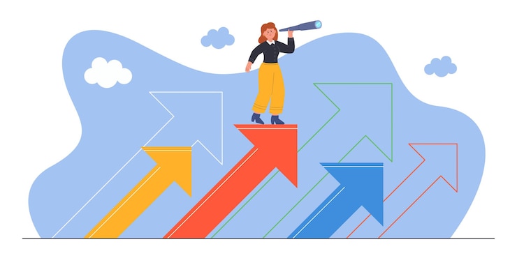 Vettore gratuito minuscolo uomo d'affari e direzioni o opportunità di carriera. personaggio femminile con piani per lavoro futuro e visione positiva illustrazione vettoriale piatta. successo, strategia, concetto di obiettivo di vita per banner