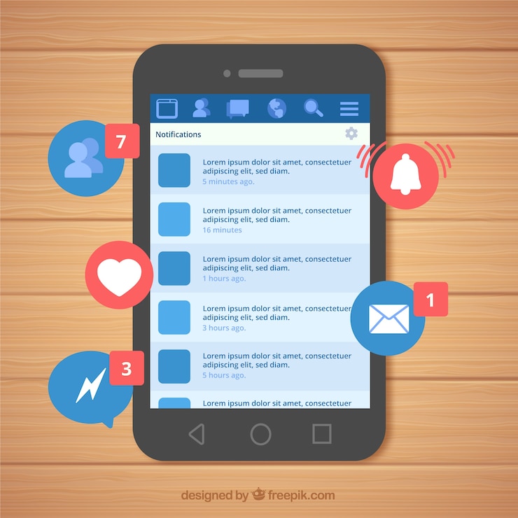 Vettore gratuito mobile flat con notifiche di facebook