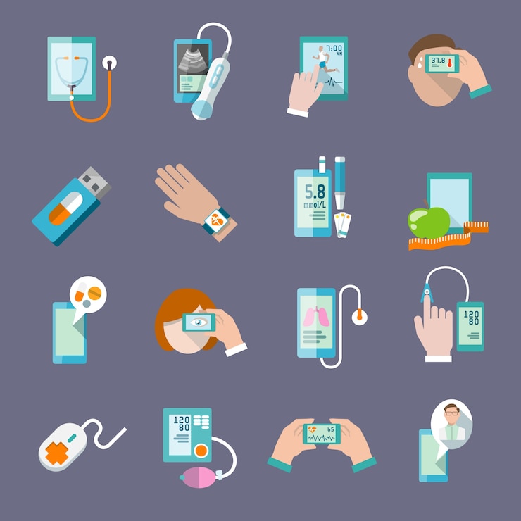 Vettore gratuito mobile health online farmacia computer diagnostica icone set flat isolato illustrazione vettoriale