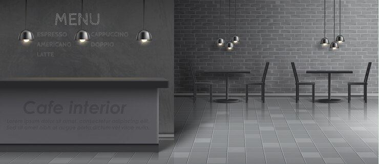Vettore gratuito mockup di bar interno con bancone bar vuoto, tavoli da pranzo e sedie, lampade a soffitto