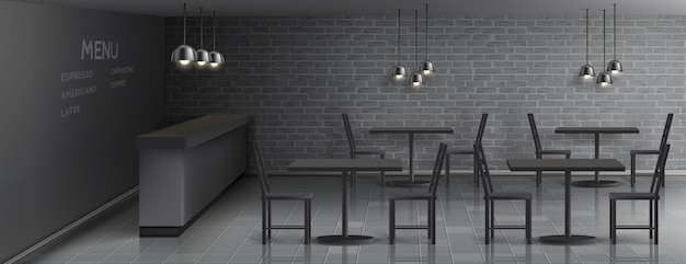 mockup di bar interno con bancone bar vuoto, tavoli da pranzo e sedie, lampade a soffitto