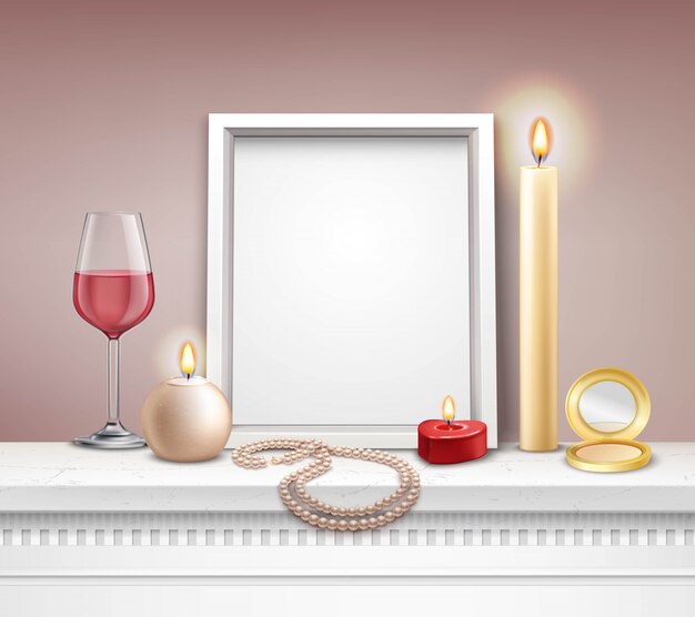 Mockup di cornice realistica con candele collana specchio e bicchiere di vino