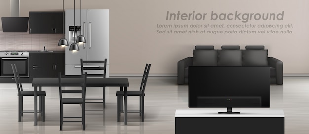 mockup di monolocale con soggiorno e cucina. Interni moderni con mobili