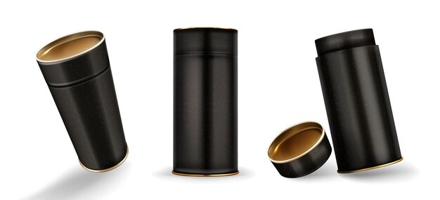 Mockup di scatole tubolari Kraft, cilindri di cartone chiusi e aperti di colore nero maculato