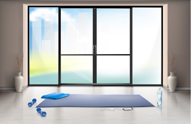 mockup realistico di palestra vuota per allenamenti di fitness con tappetino yoga blu e manubri