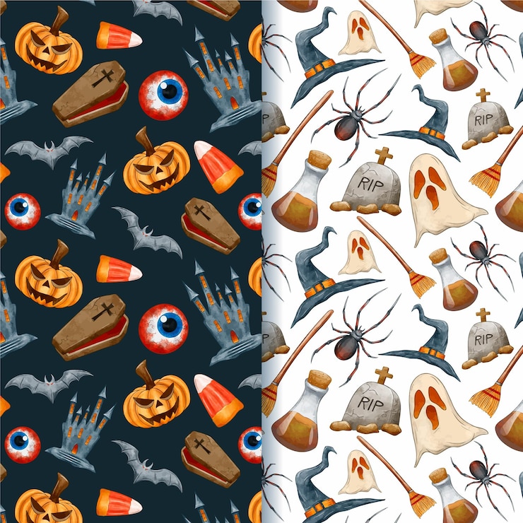 Vettore gratuito modelli di creature spettrali di halloween dell'acquerello