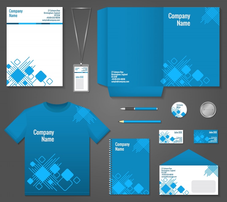 Vettore gratuito modello blu e bianco della geometria tecnologia business stationery modello per l'identità aziendale e branding set illustrazione vettoriale