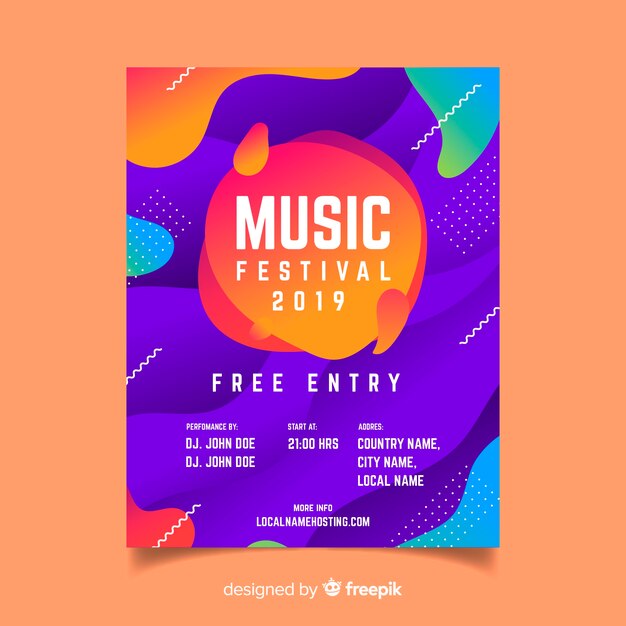 Modello del manifesto del festival di musica con effetto liquido