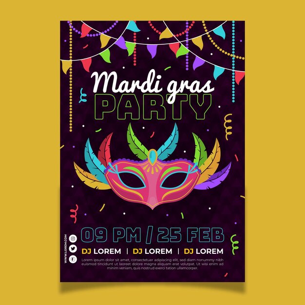 Modello del manifesto di martedì grasso in design piatto