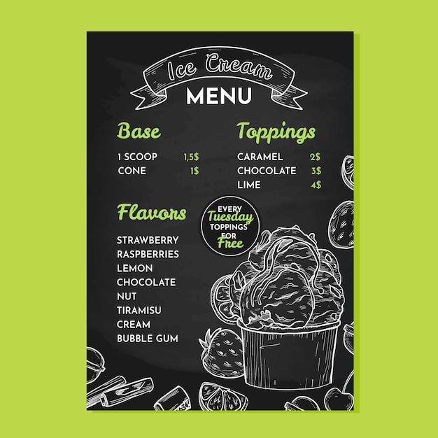Modello del menu della lavagna del gelato disegnato a mano dell'incisione