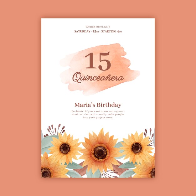 Modello dell'invito della quinceanera dell'acquerello