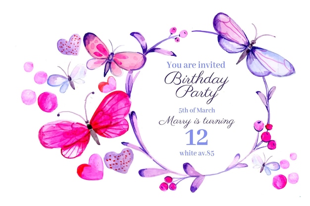 Modello dell'invito di compleanno della farfalla dell'acquerello dipinto a mano