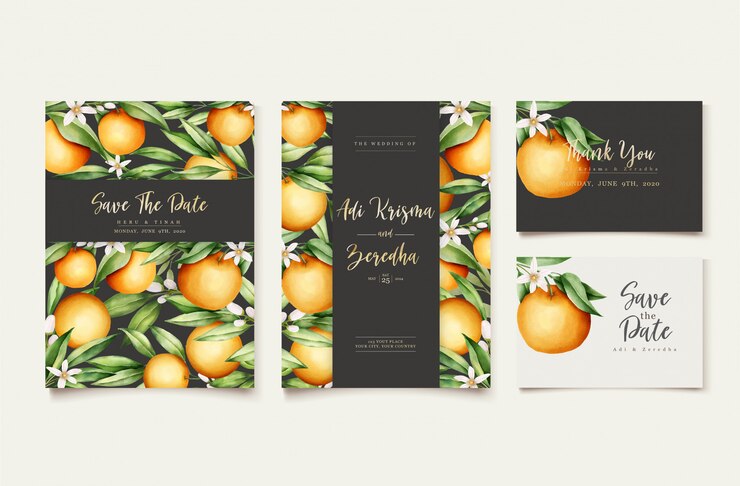 Vettore gratuito modello della carta dell'invito di nozze di frutti arancio dell'acquerello botanico