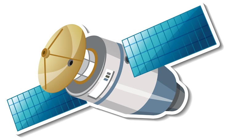 Vettore gratuito modello di adesivo con satellite in stile cartone animato isolato