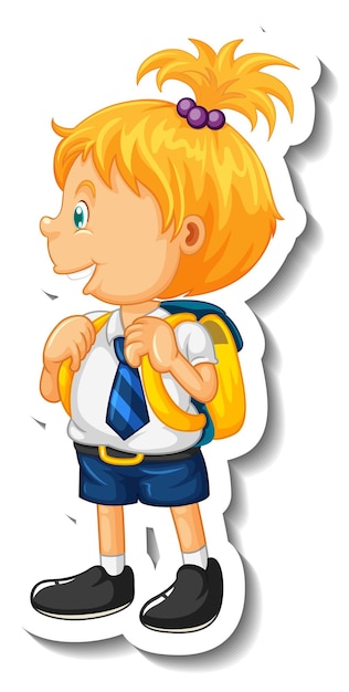 Modello di adesivo con un personaggio dei cartoni animati di una piccola studentessa isolato