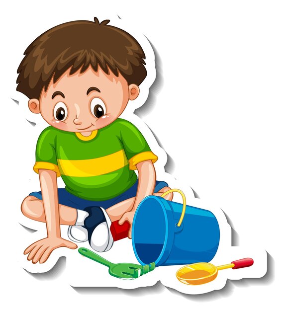Modello di adesivo con un ragazzo che gioca con i suoi giocattoli isolati