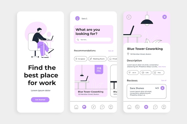 Modello di app di coworking disegnato a mano