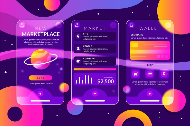 Vettore gratuito modello di app mobile glassmorphism gradiente