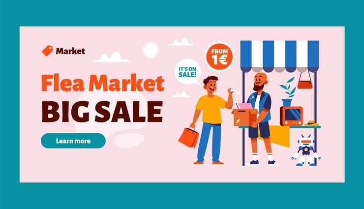 Vettore gratuito modello di banner di vendita del mercato delle pulci di seconda mano piatto