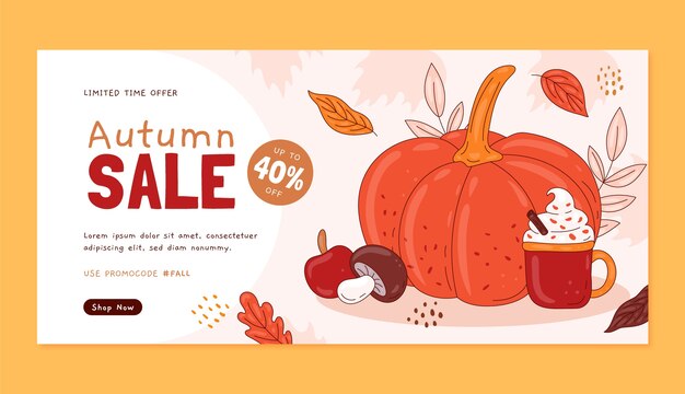 Modello di banner di vendita orizzontale disegnato a mano per la stagione autunnale