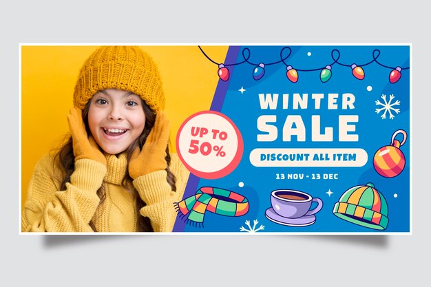 Modello di banner di vendita orizzontale disegnato a mano per la stagione invernale con luci di Natale