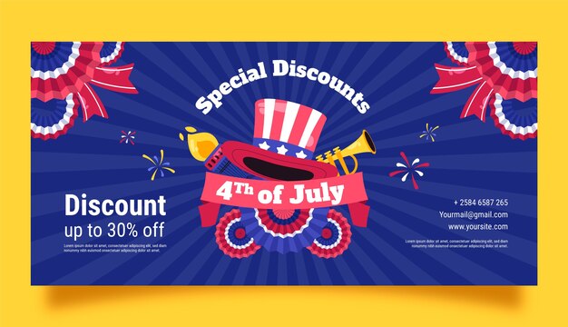 Modello di banner di vendita orizzontale per la celebrazione delle vacanze americane del 4 luglio