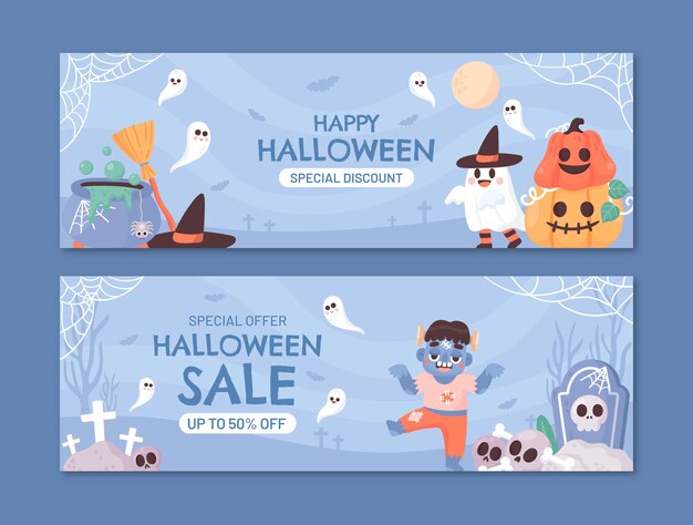 Modello di banner di vendita orizzontale piatto di halloween
