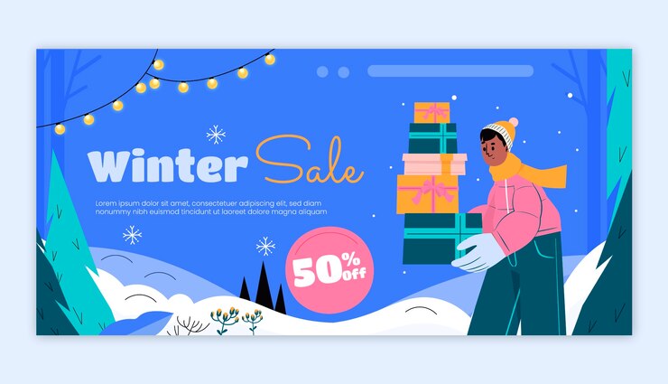 Modello di banner di vendita orizzontale piatto inverno